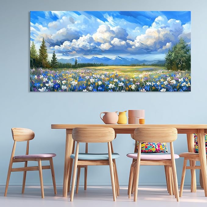 Mountain Wildflower Wall Art, Natural Landscape Wall Decor Painting Blue Sky White Cloud Scenery Picture for Living Room, Farmhouse Nature Colorful Flower Canvas Prints Artwork for Bedroom 28x58 inch
