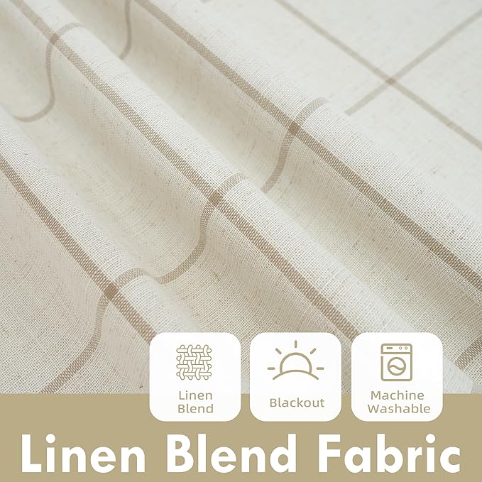 DriftAway 2 Panels 100% Blackout Windowpane Plaid Linen Curtains Double Layer Drapes for Bedroom 63 Inches Long Farmhouse Thermal Insulated 3.25 Inch Rod Pocket Back Tab for Living Room Taupe