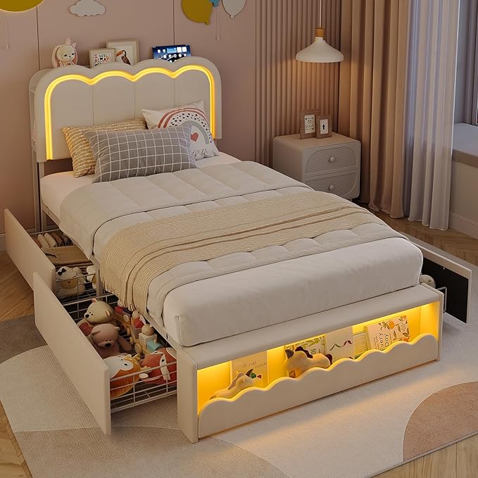 Maupvit Twin LED Bed Frame with Storage Headboard and 4 Drawers, Upholstered Platform Bed Frame with Bookcase, Velvet Princess Bed for Kids Girls, Charging Station, No Box Spring Needed, White