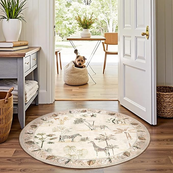 jinchan Round Rug 5ft Beige Jungle Animals Print, Machine Washable 5' Circle Modern Soft Non-Slip Forest Plant Throw Area Rug, Ultra-Thin Low Pile Carpet for Entryway Bedroom Kitchen Kids Room