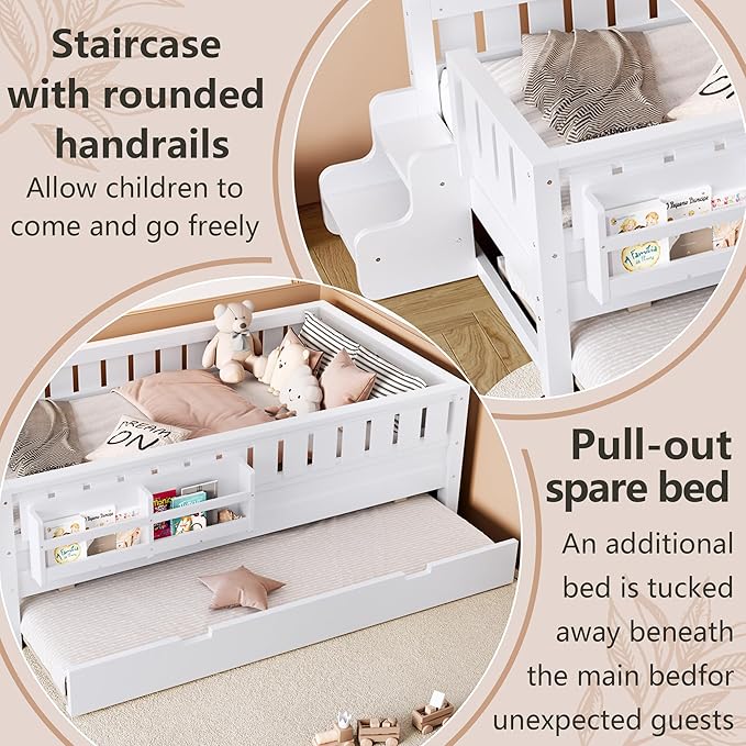 Bellemave Twin Bed with Trundle Twin and Stairs, Twin Size Platform Bed Frame with Fence and Bookshelf, Easy Assemble Beds for Kids, Girls, Boys, White