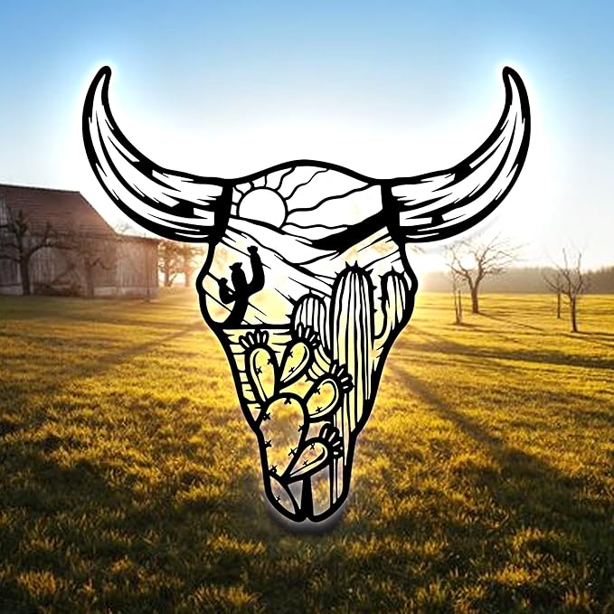 Skull Desert Metal Wall Art LED Light Floral Boho Buffalo Longhorn Sign Home Decor Heifer Barn Nursery Decorat Wall Hanging Home Decor Birthday Xmas Gift