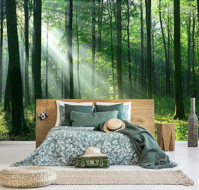 Sunshine Green Forest Wallpaper Natural Woodland Landscape Wall Mural for Bedroom Living Room (Not Self-Adhesive)
