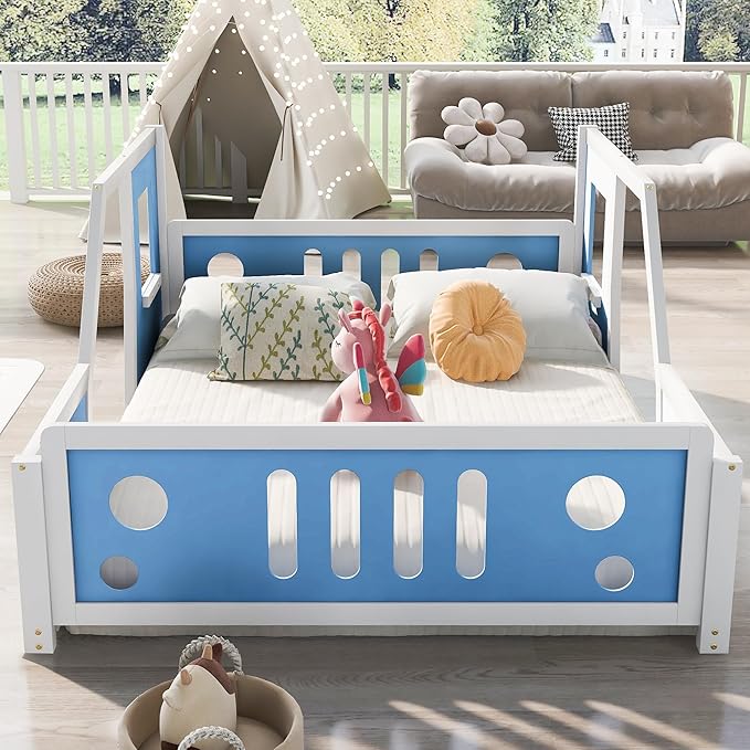 Full Size Classic Car-Shaped Platform Bed with Wheels, 77.4" L x 57.2" W x 26.5" H Blue