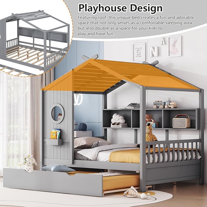 Harper & Bright Designs Kids Full Size House Bed with Trundle & Storage Shelf, Wood Full Size Platform Bed Frame with Roof, House Bed for Boys, Girls, Gray