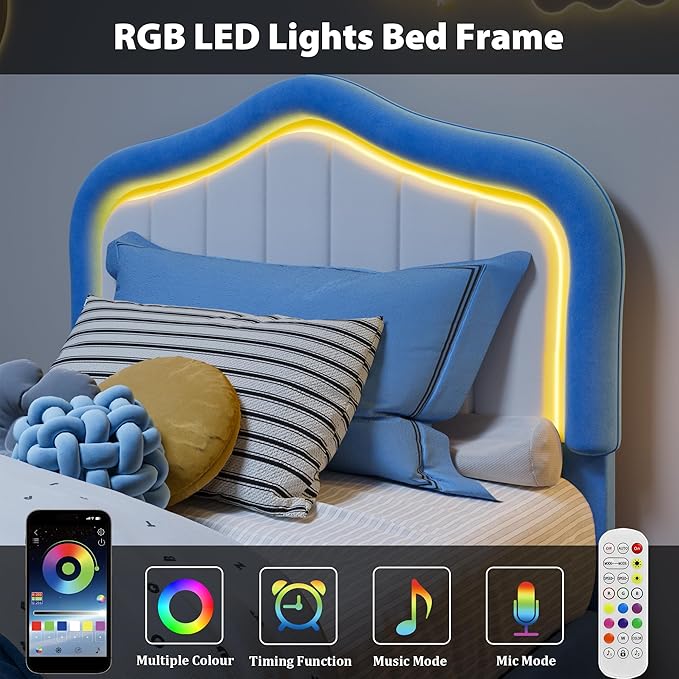 GarveeHome Twin-XL Upholstered Bed Frame with Storage Drawer and Smart Led Headboard, Twin-XL Size Platform Bed Frames for Kids, Wooden Slats Support, No Box Spring Needed, Easy Assembly, Blue