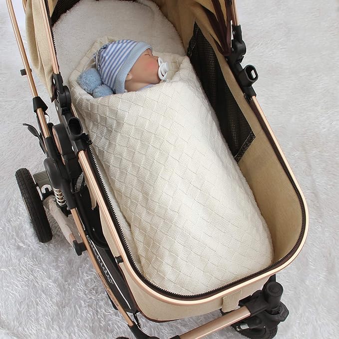LAWKUL Knit Baby Blankets White Cable Newborn Babies Receiving Blanket Infant Boy Girl Soft Swaddle for Crib Stroller 40"x30"