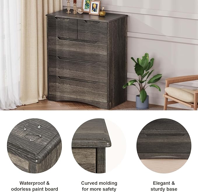 Gizoon 5 Drawers Chest, Dark Brown Dresser for Bedroom with Large Storage Capacity, Chest of Drawers with Embedded Handle, Sturdy Anti-Tripping Device for Hallway, Office, Living Room