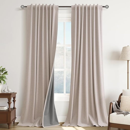 Guken Champagne Linen 100% Blackout Curtains 102 Inches Long Modern Luxury Back Tab Black Out Noise Cancelling Privacy Hook Belt Curtain for Room Divider Backdrop Living Room 2 Panels Set 52x102