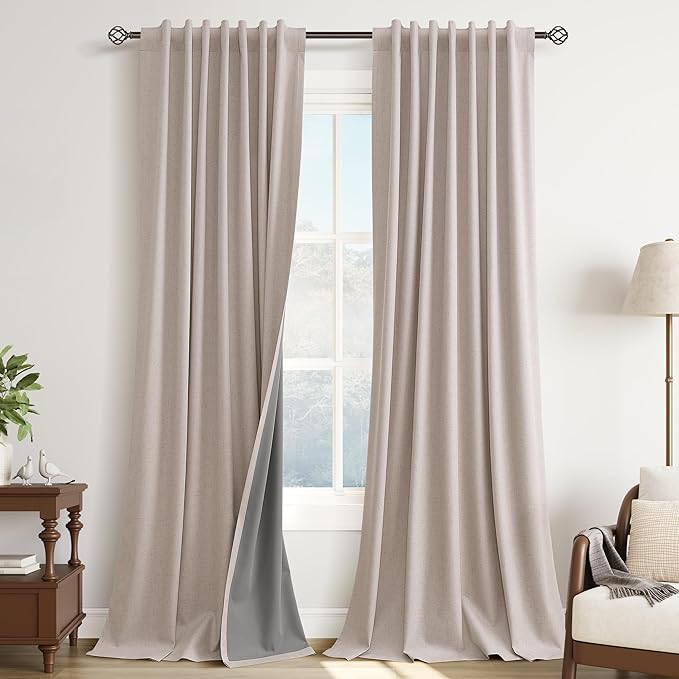 Guken Champagne Linen 100% Black Out Curtains for Bedroom Windows 96 Inch Long 2 Panels Back Tab Hook Belt Decor for Living Room Light Blocking Privacy Modern Dining Room Patio Door 52x96 8Ft