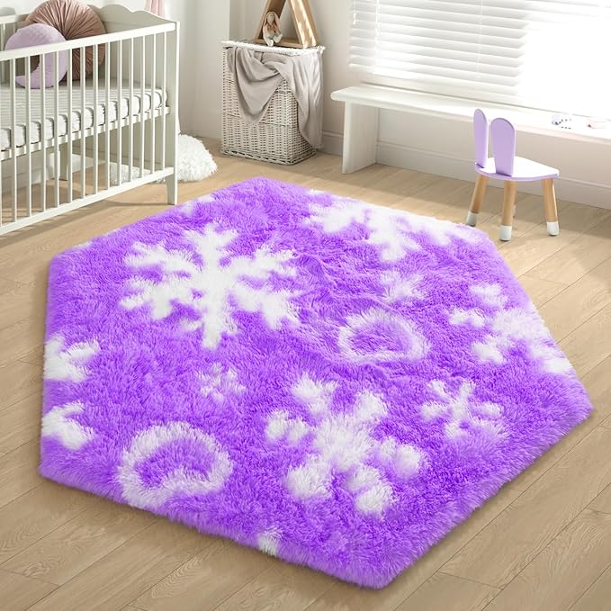 EVOIONOS Purple Princess Tent Rug, 4x4.6 Feet Area Rugs for Girls Bedroom, Fluffy Snowflake Rug for Room Decor, Plush Carpet for Kids Room Playroom Nursery Decor, Cute Hexagon Purple Rugs