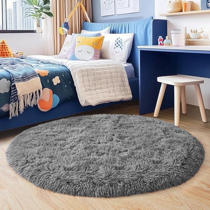 5'x5' Grey Round Rug for Bedroom, Ultra Soft Fluffy Circle Rug for Kids Girls Boys Room, Cute Shag Rugs for Living Room Playroom Teen Room Home Decor Rug