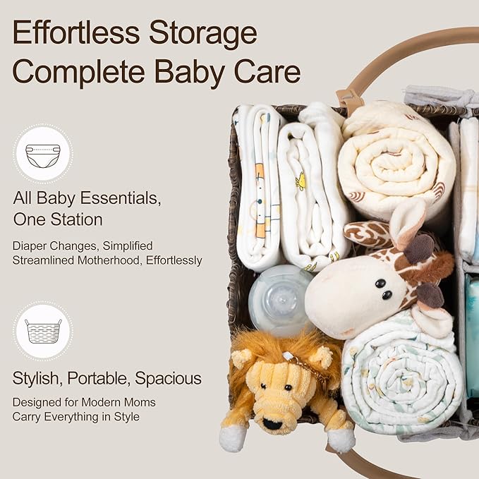 HBlife Baby Diaper Caddy Organizer, Washable Waterproof, Large Portable Scalloped Wicker Woven Basket with Divider, Nursery Diaper Station, Baby Shower Gifts Basket - Newborn Essentials, Car Organizer