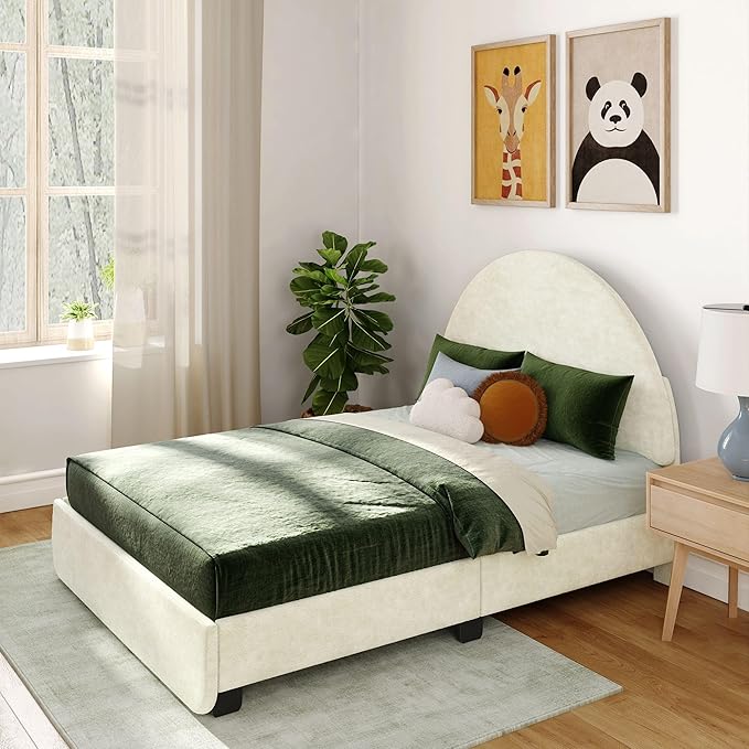 Max & Lily Upholstered Full Bed Frame with Arch Headboard, Upholstered Platform Bed for Kids, No Box Spring Needed, Easy Assembly, Cream