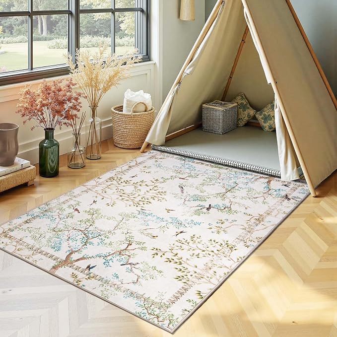 jinchan Yarden Botanical Birds 3x5 Ivory Area Rugs for Entryway Washable Non Slip Soft Nature Plants Modern Kids Room Carpet Vintage Ultra Thin Low Pile Rug for Living Room Kitchen Bathroom Front Door