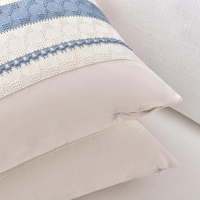 Fancy Homi Set of 2 Boho Light Blue Decorative Throw Pillow Cover 18x18 Inch for Couch Bed Sofa, Aesthetic Modern Organic Farmhouse Home Decor, Soft Cotton Cute Accent Macrame Woven Cushion Case