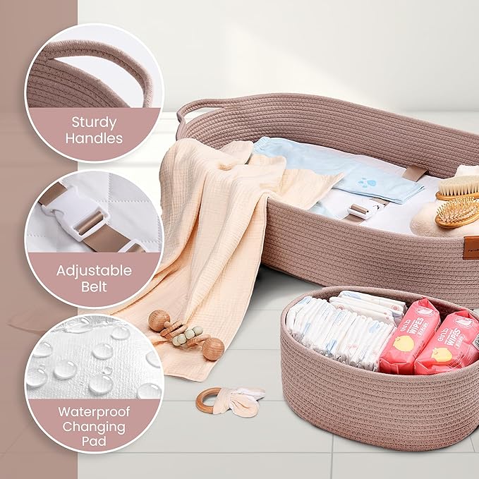 PeraBella XL Baby Changing Basket for Dresser Top, Moses Baskets for Newborn, Portable Baby Diaper Changing Pad Table Topper for Dresser, Moses Bassinet Mat with Waterproof Pad Cover and Diaper Caddy