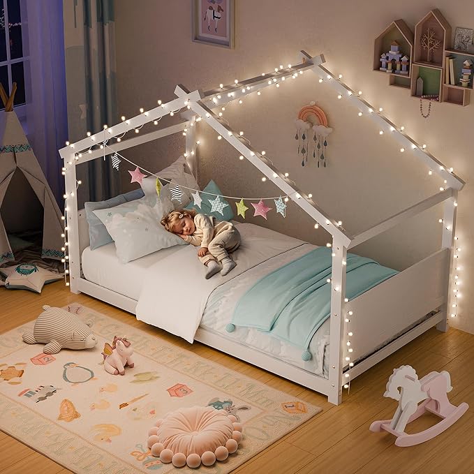 Twin House Bed, Montessori Floor Bed with Headboard & Footboard, Solid Wood Bed Frame for Toddlers Teens Bedroom, No Box Spring Needed, White