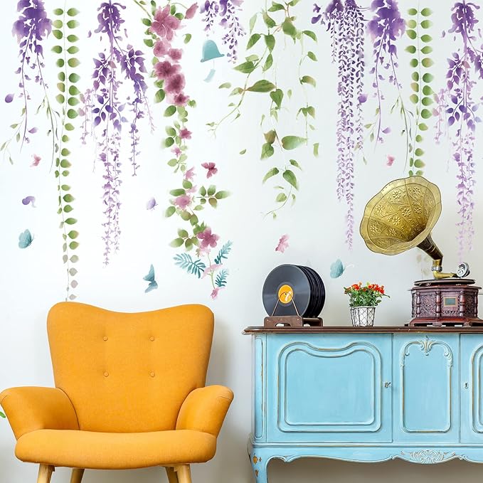 Amaonm 3D Removable Hanging Purple Blue Flowers With Green Leaves Wall Stickers Murals DIY Peel and Stick Flower Vines Floral Wall Decal for Home Wall Corner Kids Bedroom Living Room Nursery Decoration (A)
