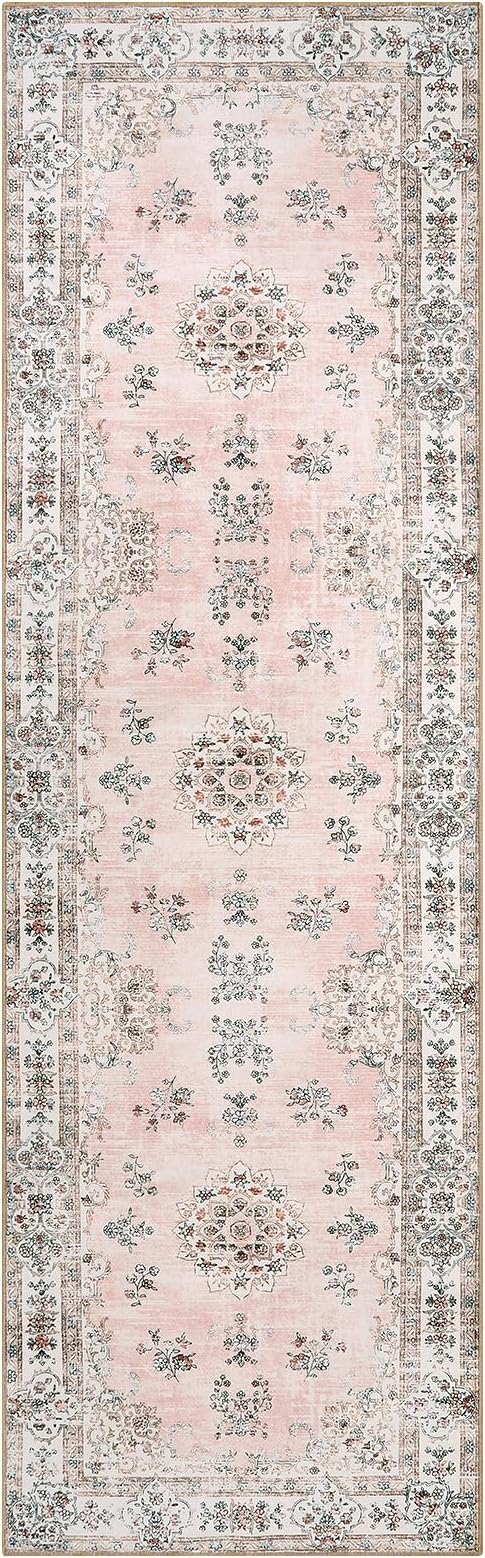 Lahome Pink 2'6"x8' Runner Rugs for Hallway, Europe Vintage Floral Print Washable Runner for Kitchen Bathroom Entryway, Faux Wool Non-Slip Stain Resistant Mat for Floor Protection