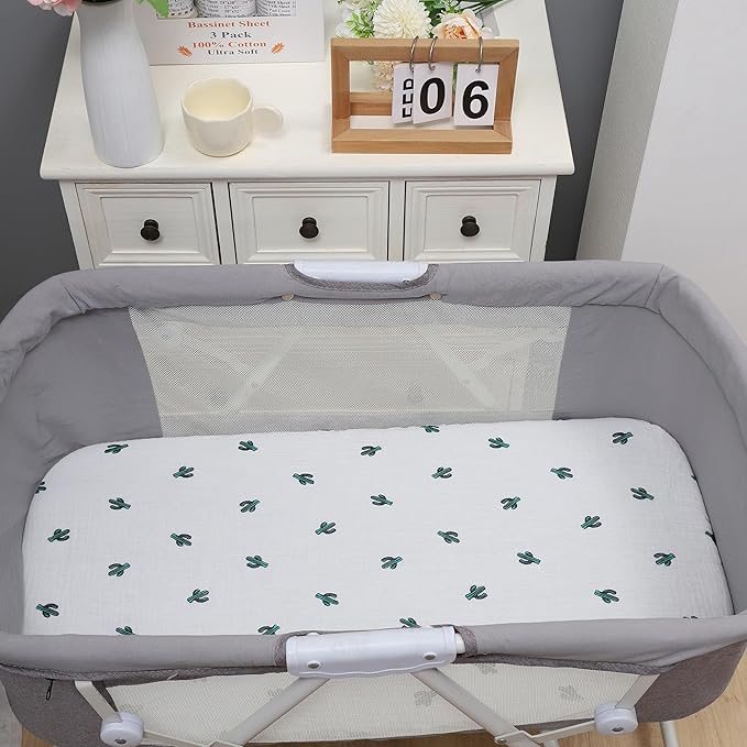 Onacosht Muslin Bassinet Sheets 3 Pack, 100% Cotton Baby Fitted Sheet 33" X 17" for Standard Rectangle Round Oval and Hourglass Bassinet Mattress, Green, Floral and Cactus