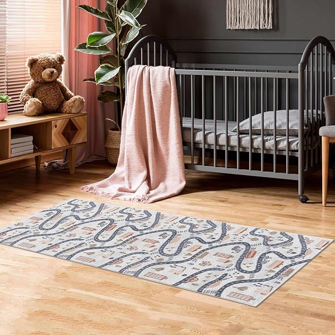 Hauteloom Road Mave Runner Rug for Kids, Toddler Room, Nursery, Playroom, Classroom - Machine Washable - Cream, Red, Blue, Gray - 2'7" x 10' Runner