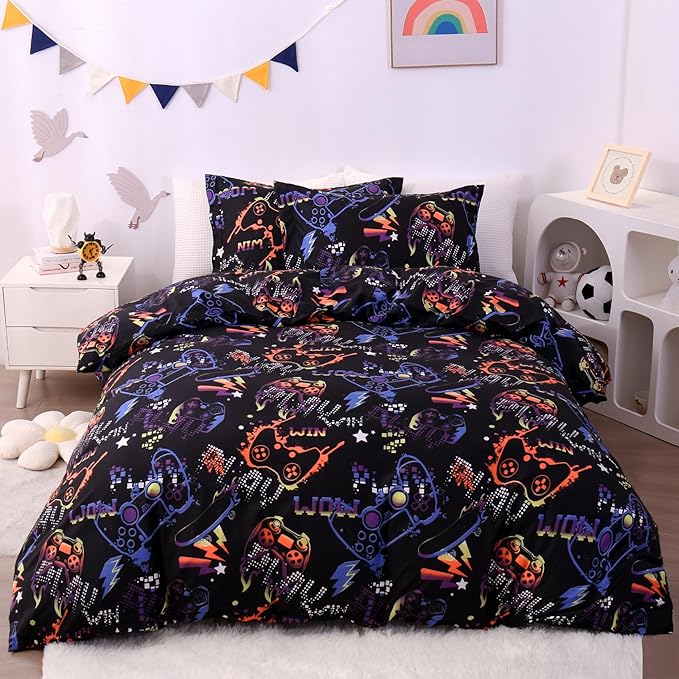 JSD Black Gamer Kids Duvet Cover Set Twin Size, 2 Piece Soft Printed Microfiber Comforter Cover with Pillow Sham Zipper Closure, Comforter Not Included