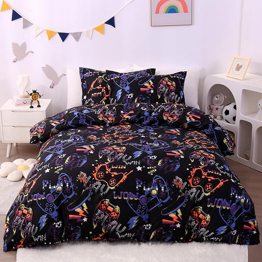 JSD Black Gamer Kids Duvet Cover Set Twin Size, 2 Piece Soft Printed Microfiber Comforter Cover with Pillow Sham Zipper Closure, Comforter Not Included