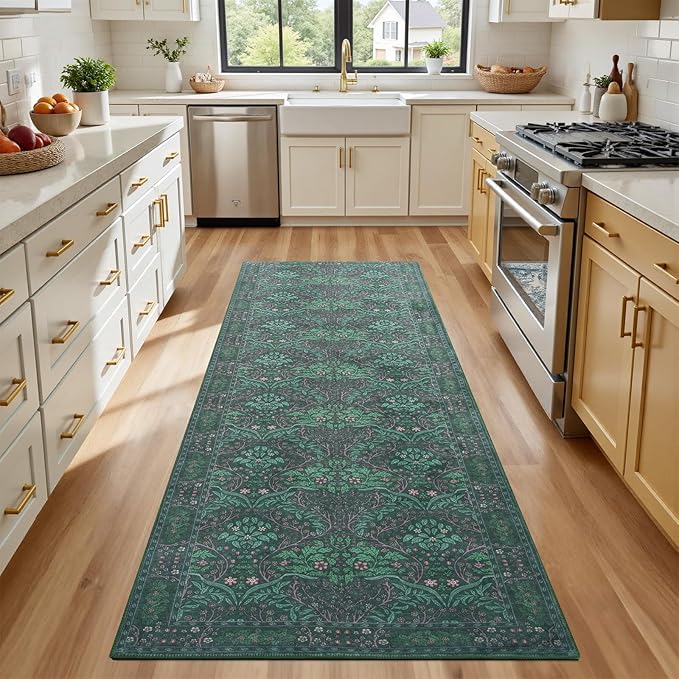 Dark Green 2x6 Washable Kitchen RunnerRug，Rubber Backed Runner Rugs，Vintage Soft Low Pile Long Carpet for Kids Room Non-Slip Stain Resistant Runner for Bathroom Hall Kitchen Office Stair