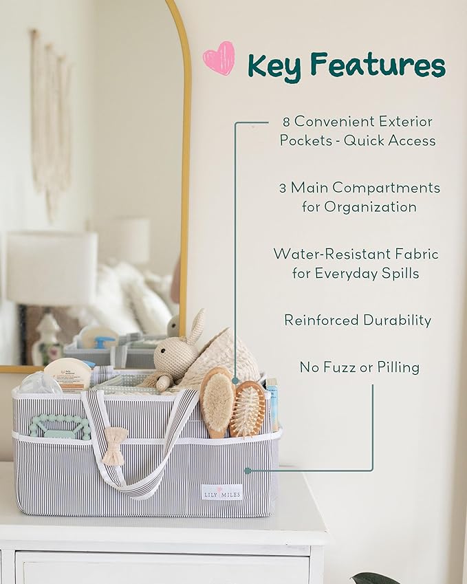 Lily Miles Baby Diaper Caddy Organizer - Large Tote Bag for Newborn essentials Boy or Girl - Baby Shower Basket - Nursery Must Haves - Registry Favorites - Newborn Caddie Car Organizer