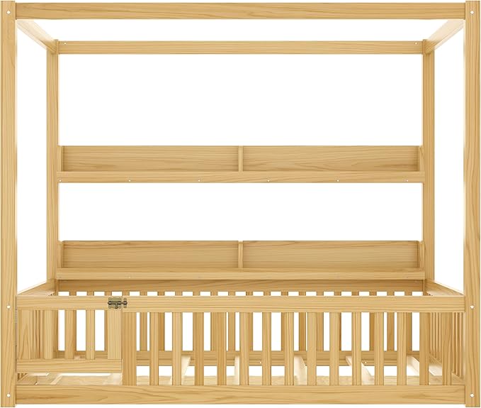 Bellemave Toddlers Full Size Canopy Bed with Fence and Door, Floor Bed with Storage Shelves and 4 Poster Design,Wood Montessori Bed Frame for Kids, Boys,Girls,Space Saving,Easy Assemble（Full,Natural）