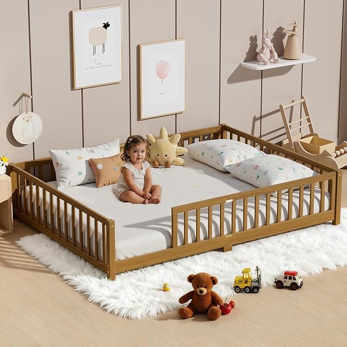 LLS Queen Floor Bed for Kids Toddlers, Solid Wood Multifunctional Montessori Bed Frame with Safety Guardrails, Without Door, Easy Assemble,Light Espresso