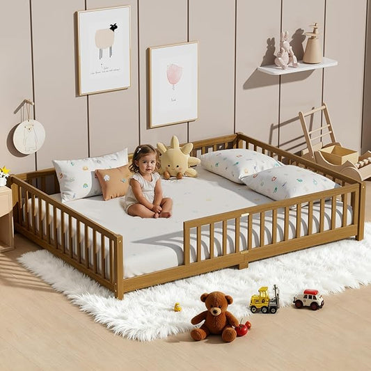 LLS Queen Floor Bed for Kids Toddlers, Solid Wood Multifunctional Montessori Bed Frame with Safety Guardrails, Without Door, Easy Assemble,Light Espresso