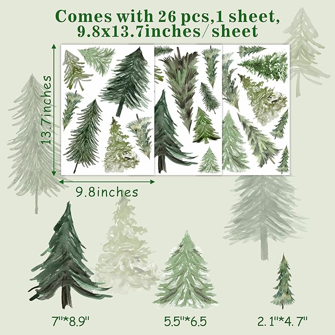 Watercolor Tree Wall Stickers Small Pine Tree Wall Decal Green Trees Wall Window Stickers Removable Forest Trees Decals Peel and Stick Small Tree Wall Decals for Bedroom Living Room