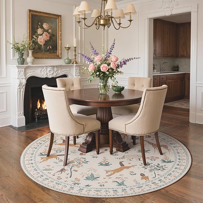 Round Rug 5FT Washable Circle Rug Non Slip, Floral Animal Print Low Pile Small Round Rug for Bedroom, Entryway,Dining Room,Playroom, Beige