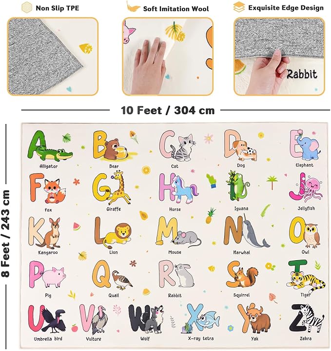 Kids Rugs for Playroom, 8x10 Ft Educational Rug for Learn The ABC Alphabet, Soft Machine Washable Non-Slip Cute Cartoon Animals Carpet for Classroom Toddler Nursery Kids Room Decor, Beige