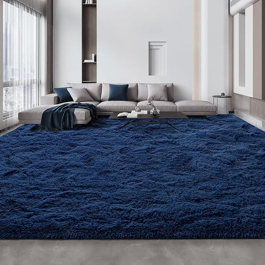 Large Shag Area Rugs 10 x 14, Plush Fuzzy Rugs for Living Room, Ultra Soft Fluffy Furry Rug for Bedroom, Anti-Skid Indoor Solid Carpet Nursery Rugs for Kids Room Home Decor, Navy Blue