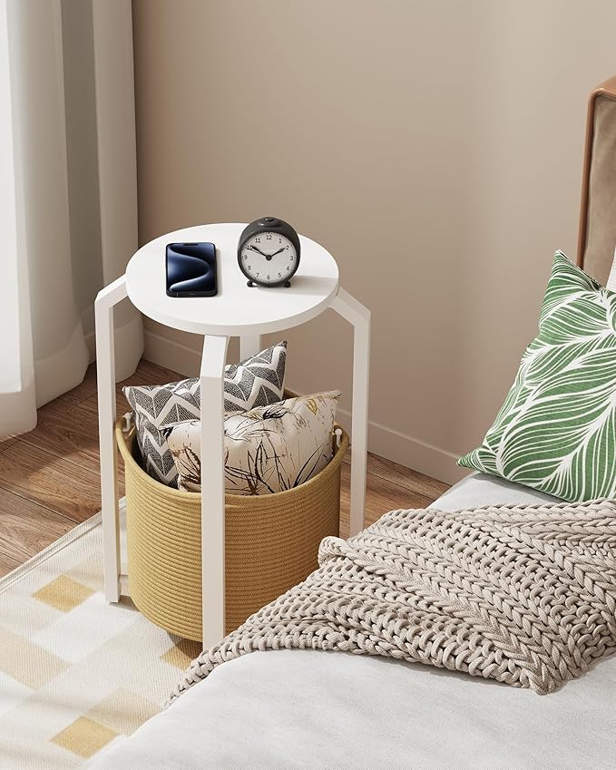 TUTOTAK Small Side Table, Round End Table, Night Stand, Bedside Table, Set of 2, Sofa Table with Storage Basket, Living Room, Bed Room, White and Beige TB01BWN0922