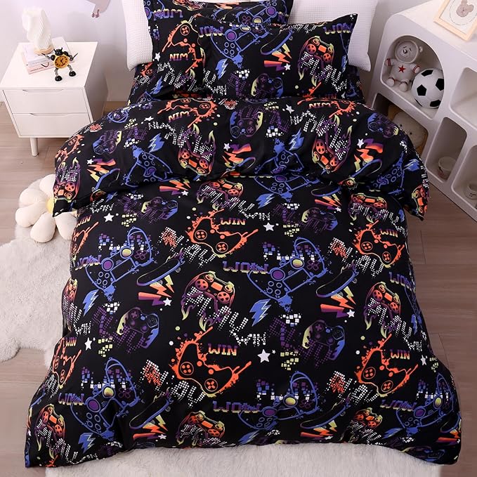 JSD Black Gamer Kids Duvet Cover Set Twin Size, 2 Piece Soft Printed Microfiber Comforter Cover with Pillow Sham Zipper Closure, Comforter Not Included
