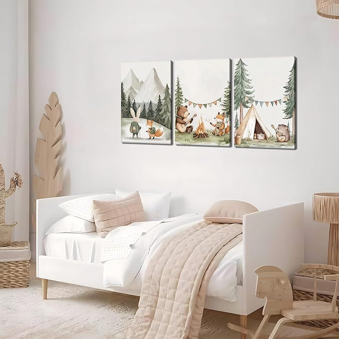 AKWISH Nursery Woodland Animals Canvas Wall Art, Cute brave Bear Fox Rabbit Hedgehog Nursery Wall Decor, Framed Wildlife Camping Picture Prints for Kids Room Baby Bedroom – 12x16in