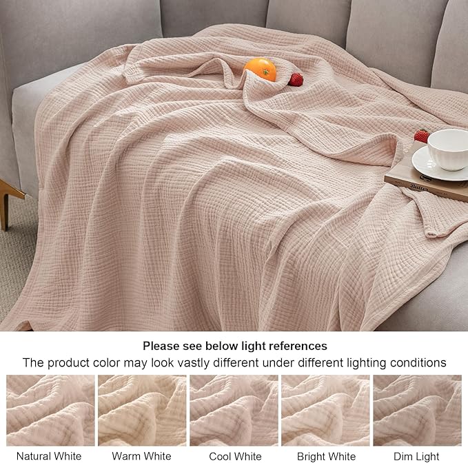 PHF 100% Cotton Muslin Blanket King Size 108"x90", 4-Layer Lightweight Gauze Throw, Breathable Cloud-Soft Minimalist Blanket for Bed, Couch, Camping & Baby, Dusty Pink, Ideal Gift