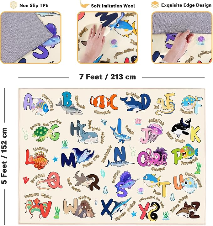 Kids Rugs for Playroom, 5x7 Feet Educational Rug for Learn The ABC Alphabet, Soft Machine Washable Non-Slip Cute Marine Organisms Carpet for Classroom Toddler Nursery Kids Room Decor, Beige