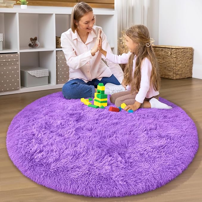 EVOIONOS Purple Round Rug for Bedroom, 5x5 Ft Fluffy Soft Circle Area Rugs for Living Room, Plush Shaggy Circular Carpet for Indoor Floor Bedside Girls Nursery, Machine-Washable Home Decor Aesthetic
