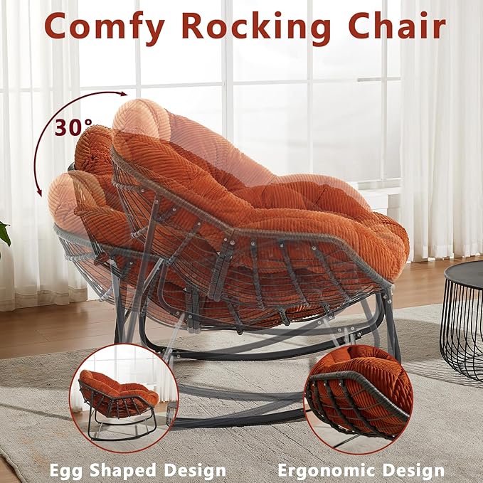 Oversized Outdoor Papasan Rocking Chair with Soft Cushion, Comfy Patio Egg Chair, Wicker Lounge Rocker for Balcony/Porch/Garden, Reinforced All Weather Rattan Frame, 330 lbs Support, Burnt Orange