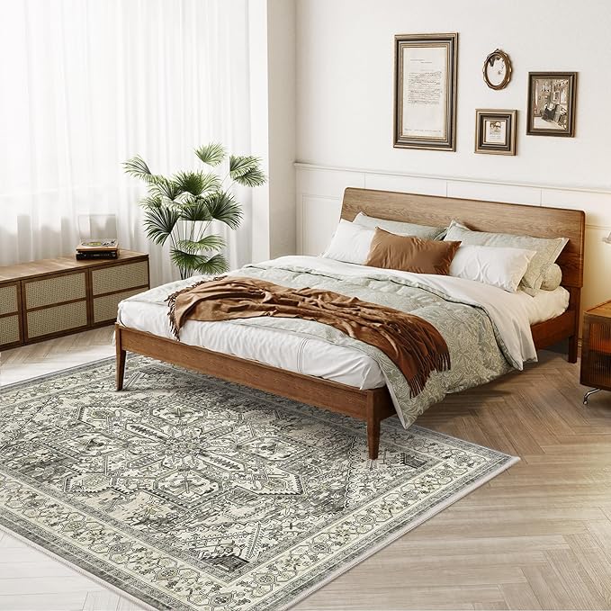 WITSHOCK Living Room Area Rugs 5x7: Washable Rug Boho Soft Non-Slip Low Pile Stain Resistant Foldable Carpet for Bedroom Playroom Dining Room Office Kitchen Farmhouse Home Decor Rug-Brown/Lvory