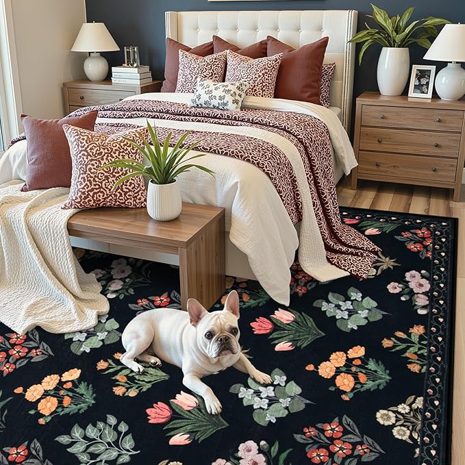 Wonnitar Floral Print Rug for Living Room, Black Washable 5x7 Area Rugs, Ultra-Thin Non Slip Stain Resistant Bedroom Carpet for Dining Room Playroom Office Dorm, Black/Multi