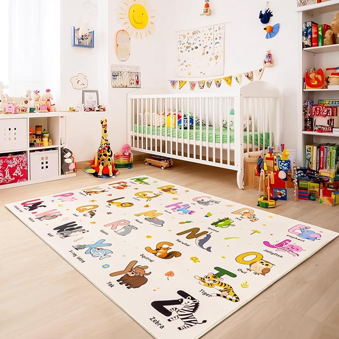 Kids Rugs for Playroom, 4x5 Feet Educational Rug for Learn The ABC Alphabet, Soft Machine Washable Non-Slip Cute Cartoon Animals Carpet for Classroom Toddler Nursery Kids Room Decor, Beige