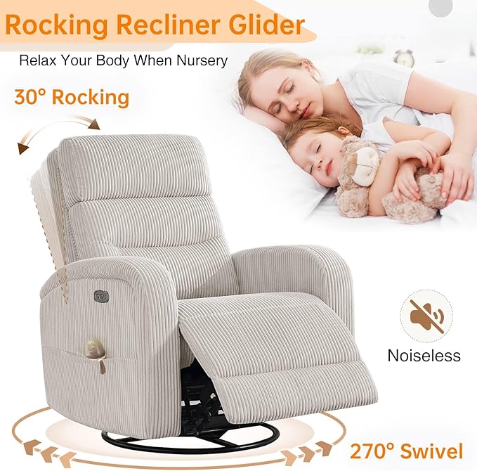Power Recliner Glider for Nursery, Electric Swivel Rocker Recliner Chair with USB, Comfy Recliner Chairs for Living Room, Bedroom, Bedroom, Corduroy Camel