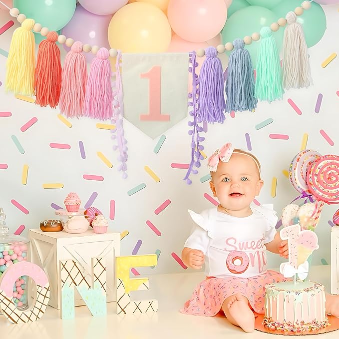 Boho Macaron Handmade Extended 1st Birthday High Chair Banner Wild One First Highchair Banner for Baby Girls Wood Bead Tassel Garland 1 Birthday Party Decorations Photo Props 6