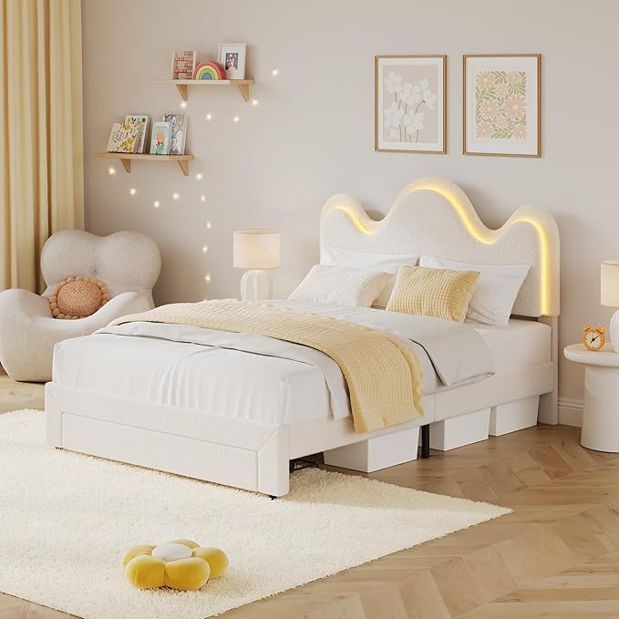 IDEALHOUSE Full Bed Frame with LED Headboard and Under-Bed Drawer, Metal Upholstered Platform Bed with LED Light for Kids, Girls, Lamb Fleece Fabric, Wooden Slats Support, No Box Spring Needed, White